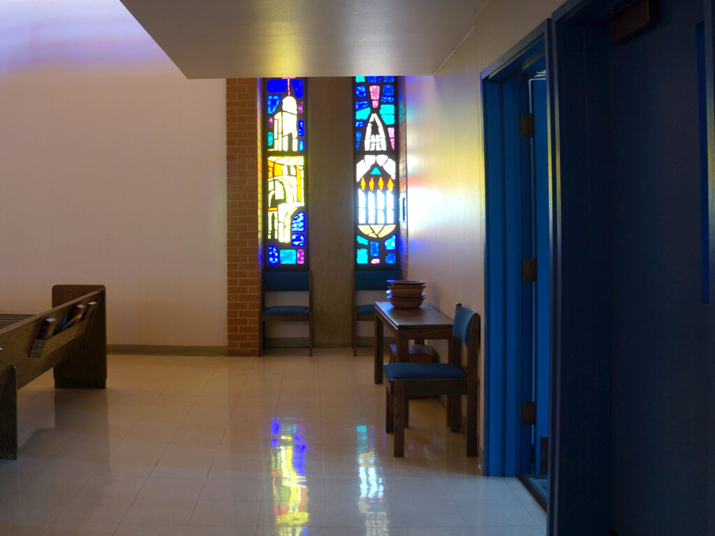 Left: THE MODERN CITY; WINDOW Right: MUSIC AND WORSHIP WINDOW